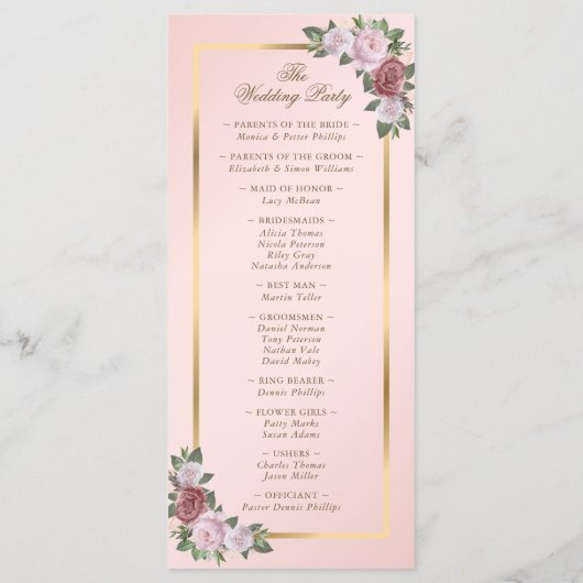 Hochzeitsprogramm für Blush Pink Gold Floral Programm (Rückseite)