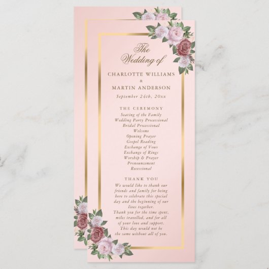 Hochzeitsprogramm für Blush Pink Gold Floral Programm (Vorne/Hinten)