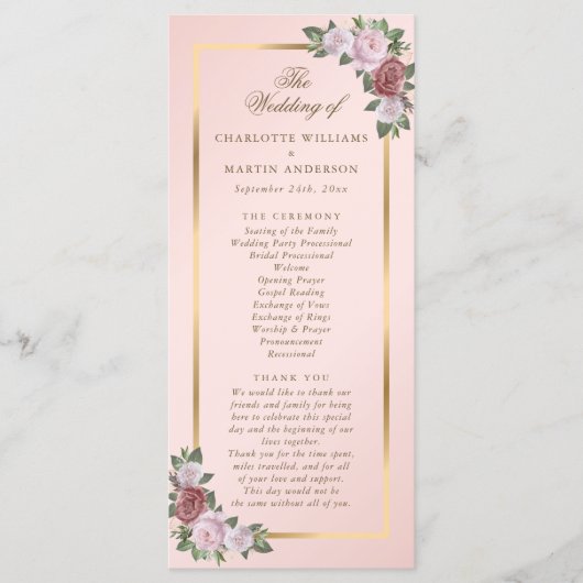 Hochzeitsprogramm für Blush Pink Gold Floral Programm (Vorderseite)