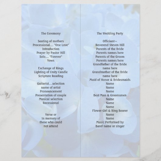 Hochzeitsprogramm für Blütenblütenblütenflora (Rückseite)