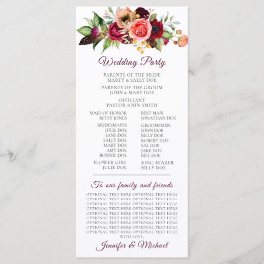 Hochzeitsprogramm für Bohemische Blumenromanen Programm (Rückseite)