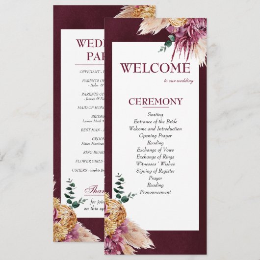 Hochzeitsprogramm für Bohemische Herbst-Burgund Programm (Vorne/Hinten)