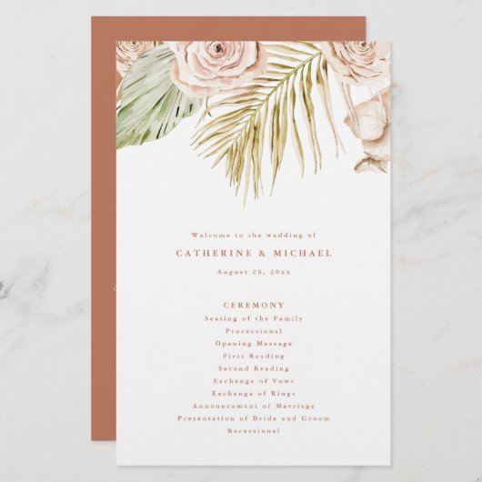 Hochzeitsprogramm für Boho Rose und Tropical Blätt (Vorne/Hinten)