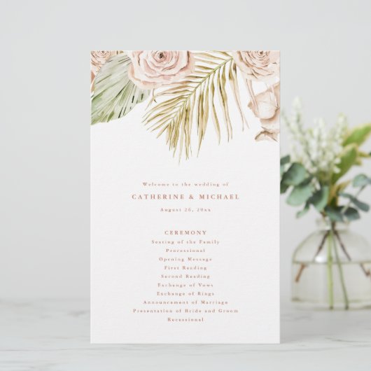 Hochzeitsprogramm für Boho Rose und Tropical Blätt (Stehend Vorderseite)