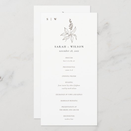 Hochzeitsprogramm für Botanische Blumenkizze Dankeskarte (Vorne/Hinten)