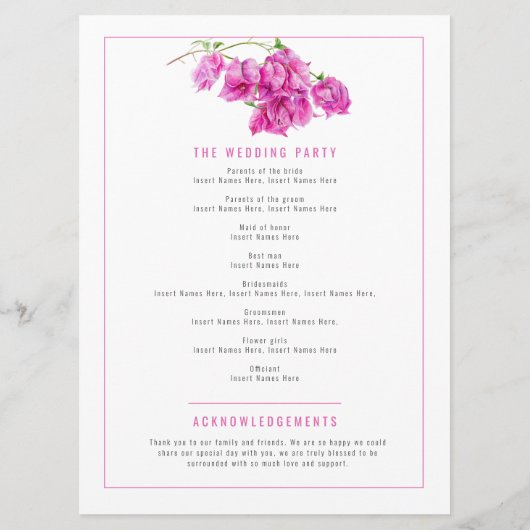 Hochzeitsprogramm für Bougainvillea Programm (Rückseite)