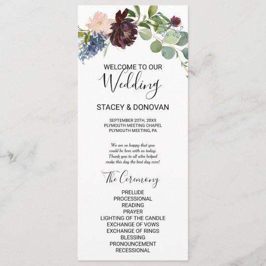 Hochzeitsprogramm für Burgund Flora Programm (Vorderseite)