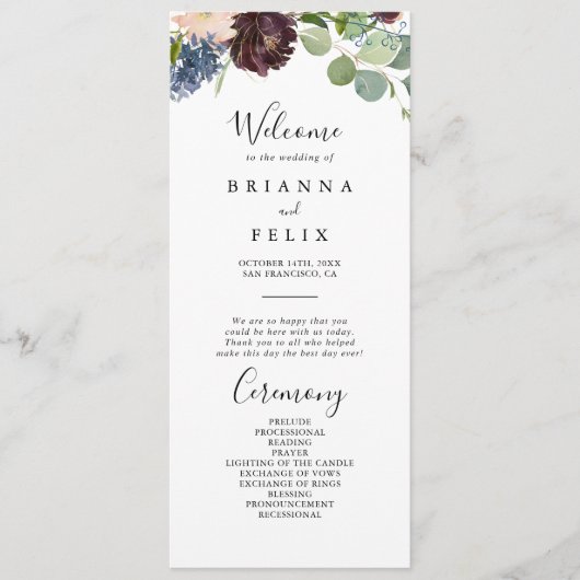 Hochzeitsprogramm für Burgund Flora Programm (Vorderseite)