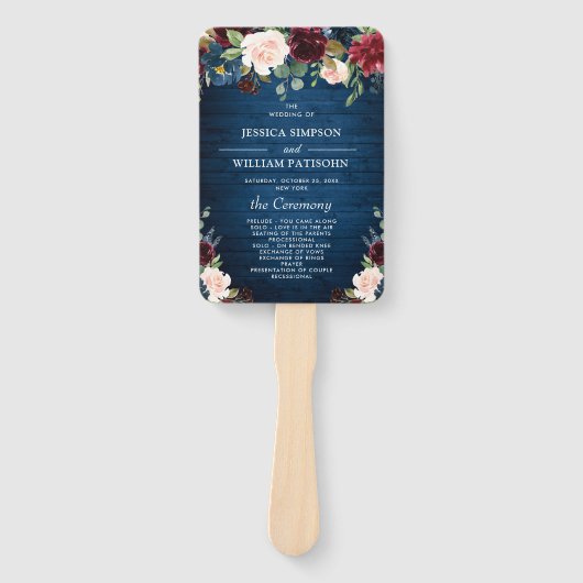 Hochzeitsprogramm für Burgund Navy Blush Floral Fächer (Vorderseite)