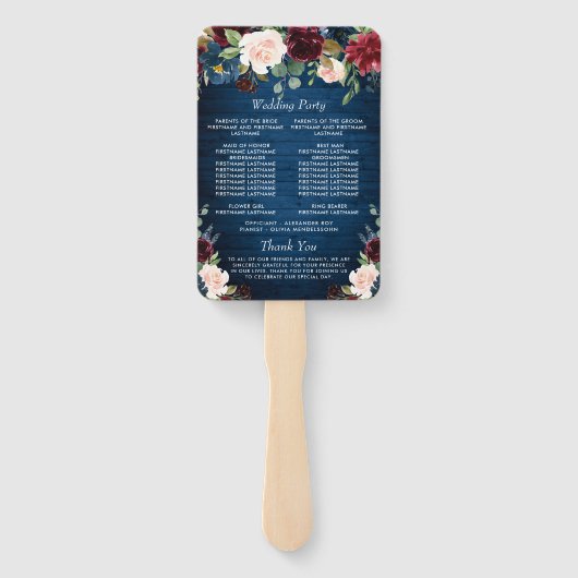 Hochzeitsprogramm für Burgund Navy Blush Floral Fächer (Rückseite)