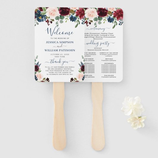 Hochzeitsprogramm für Burgund Navy Blush Floral Fächer (Vorne und Hinten)
