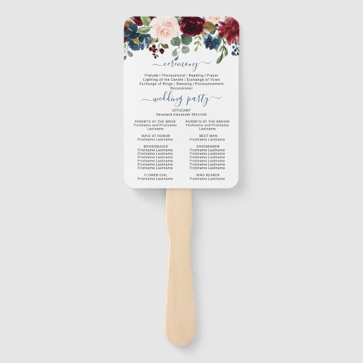 Hochzeitsprogramm für Burgund Navy Blush Floral Fächer (Rückseite)
