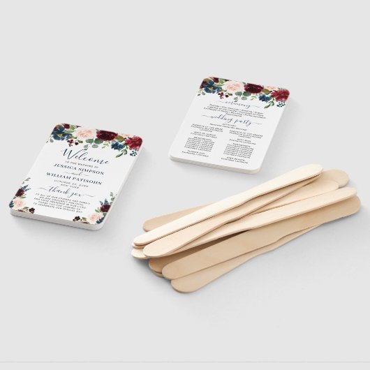 Hochzeitsprogramm für Burgund Navy Blush Floral Fächer (Non-assembled)