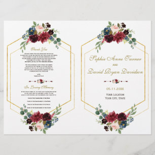 Hochzeitsprogramm für Burgund-Navy-Gold-Rahmen