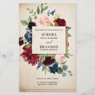 Hochzeitsprogramm für Burgund Navy Rustic Boho