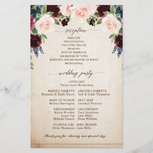 Hochzeitsprogramm für Burgund Navy Rustic Boho
