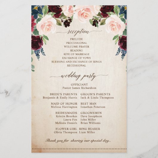Hochzeitsprogramm für Burgund Navy Rustic Boho (Rückseite)