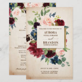 Hochzeitsprogramm für Burgund Navy Rustic Boho (Vorne/Hinten)