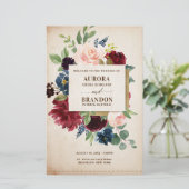Hochzeitsprogramm für Burgund Navy Rustic Boho (Stehend Vorderseite)