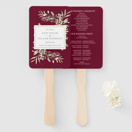 Hochzeitsprogramm für Burgund Red Greenerity Fächer (Vorne und Hinten)