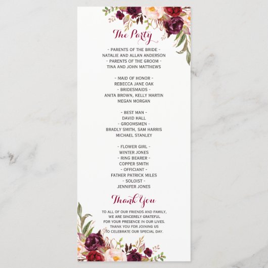 Hochzeitsprogramm für Burgund Rote Flora Programm (Rückseite)