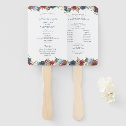 Hochzeitsprogramm für Burgund und Blauer Flora Fächer (Vorne und Hinten)