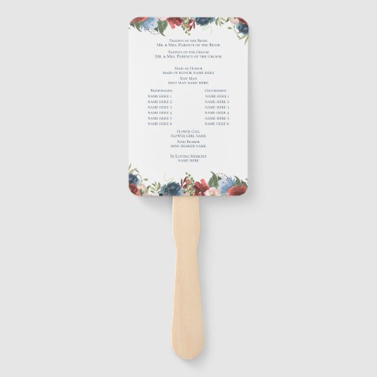 Hochzeitsprogramm für Burgund und Blauer Flora Fächer (Rückseite)