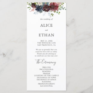 Hochzeitsprogramm für Burgund und Blauer Flora Programm
