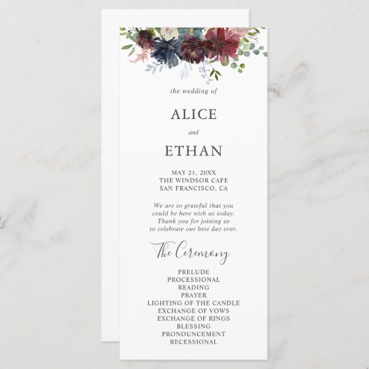 Hochzeitsprogramm für Burgund und Blauer Flora Programm (Vorne/Hinten)