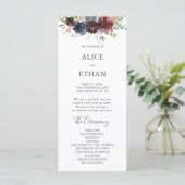 Hochzeitsprogramm für Burgund und Blauer Flora Programm (Stehend Vorderseite)