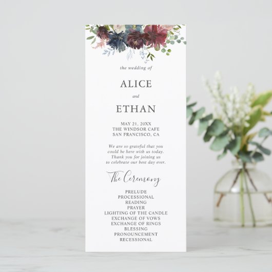 Hochzeitsprogramm für Burgund und Blauer Flora Programm (Stehend Vorderseite)