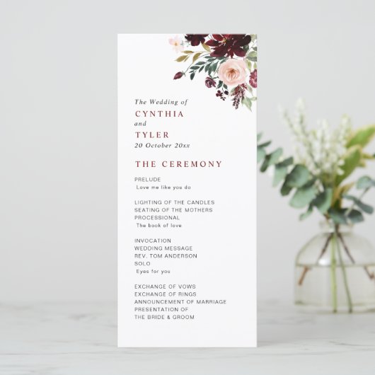 Hochzeitsprogramm für Burgund und Blüten Programm (Stehend Vorderseite)