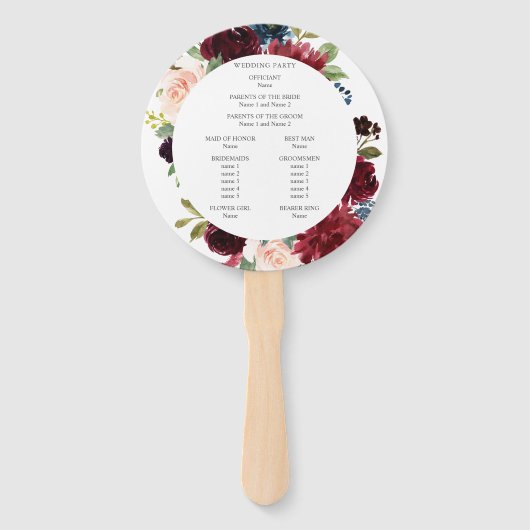 Hochzeitsprogramm für Burgund und Navy Fächer (Rückseite)