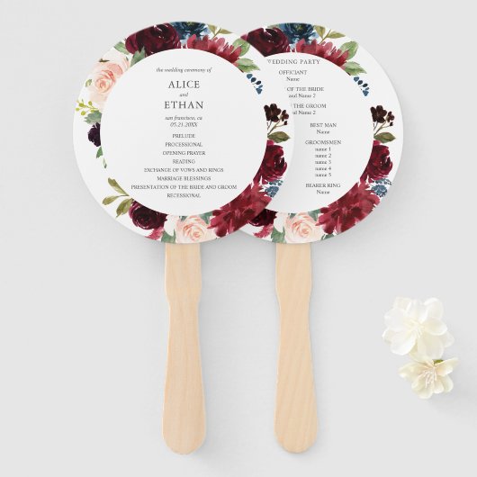 Hochzeitsprogramm für Burgund und Navy Fächer (Vorne und Hinten)