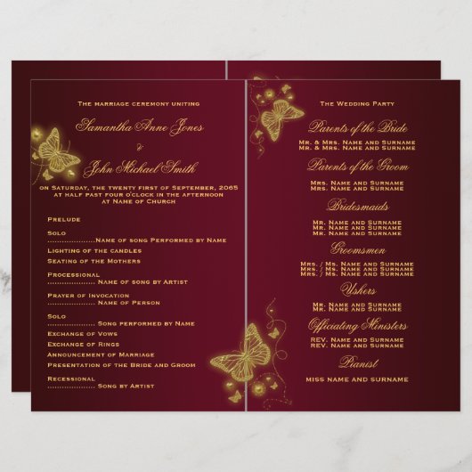 Hochzeitsprogramm für Burgunder Goldschmetterling (Vorne/Hinten)
