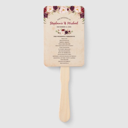 Hochzeitsprogramm für Burgunder Red Floral Rustic Fächer (Vorderseite)