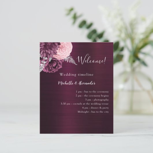 Hochzeitsprogramm für Burgunder Rosa Blumen (Stehend Vorderseite)