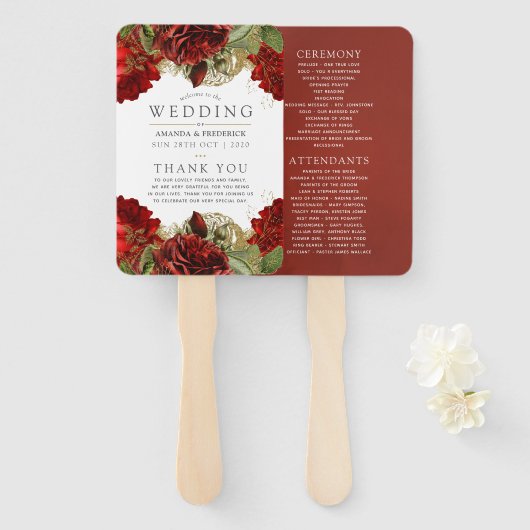 Hochzeitsprogramm für Burgunder Rot und Gold Fächer (Vorne und Hinten)
