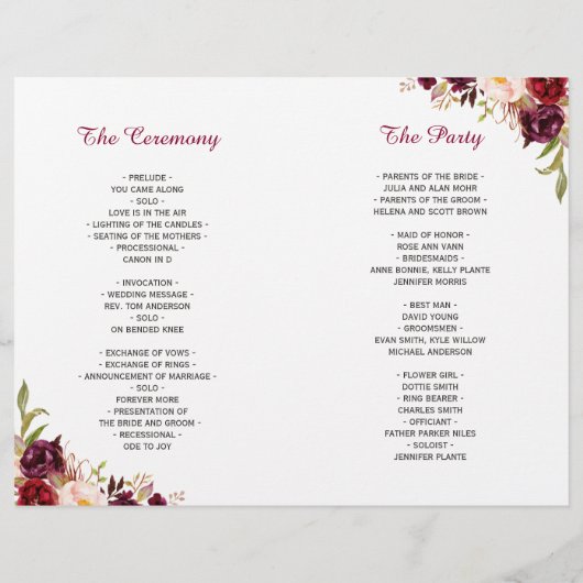 Hochzeitsprogramm für Burgunder Roter Chic (Rückseite)