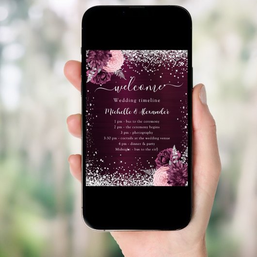 Hochzeitsprogramm für Burgunder Silberpink-Blume Poster