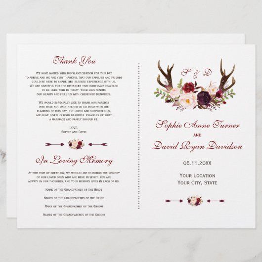 Hochzeitsprogramm für Burgundy Marsala Floral Antl (Vorne/Hinten)