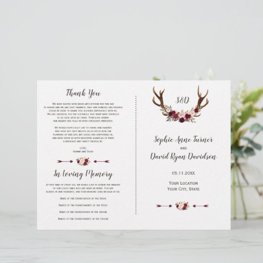 Hochzeitsprogramm für Burgundy Marsala Floral Antl (Stehend Vorderseite)