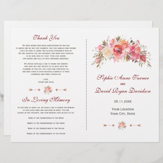 Hochzeitsprogramm für Burgundy Marsala Floral Antl (Vorne/Hinten)