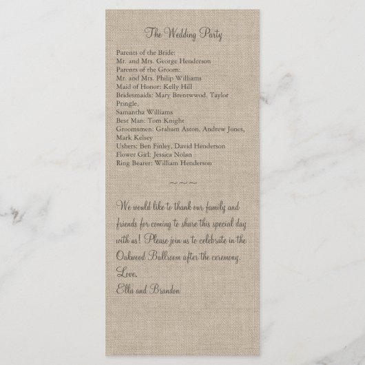 Hochzeitsprogramm für Burlap-Snowflake Programm (Rückseite)