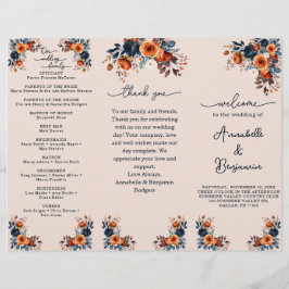 Hochzeitsprogramm für Burnt Orange- und Navy-Flora