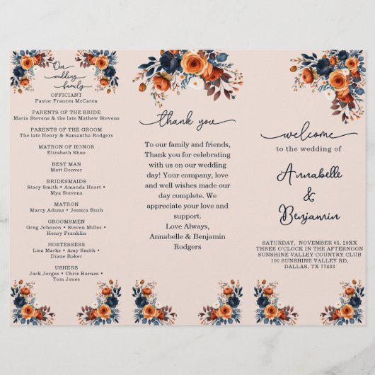 Hochzeitsprogramm für Burnt Orange- und Navy-Flora (Vorne)