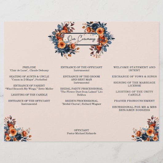 Hochzeitsprogramm für Burnt Orange- und Navy-Flora (Hinten)