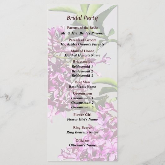 Hochzeitsprogramm für Button Lilacs und Blätter Programm (Rückseite)