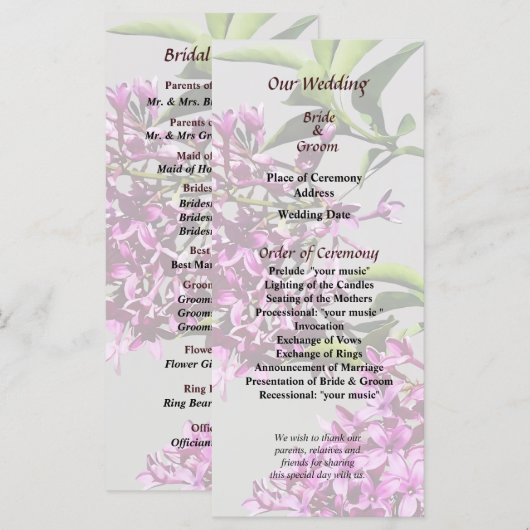 Hochzeitsprogramm für Button Lilacs und Blätter Programm (Vorne/Hinten)