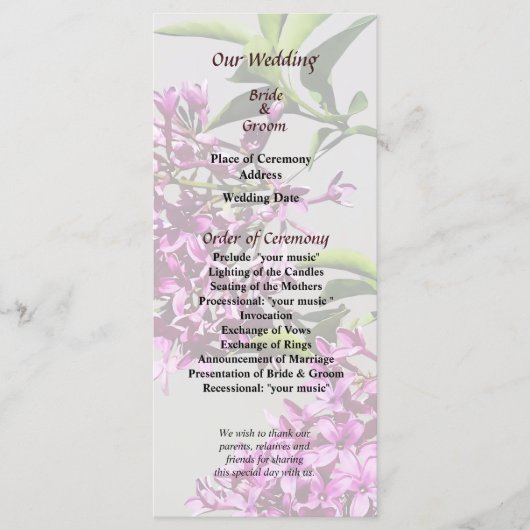 Hochzeitsprogramm für Button Lilacs und Blätter Programm (Vorderseite)